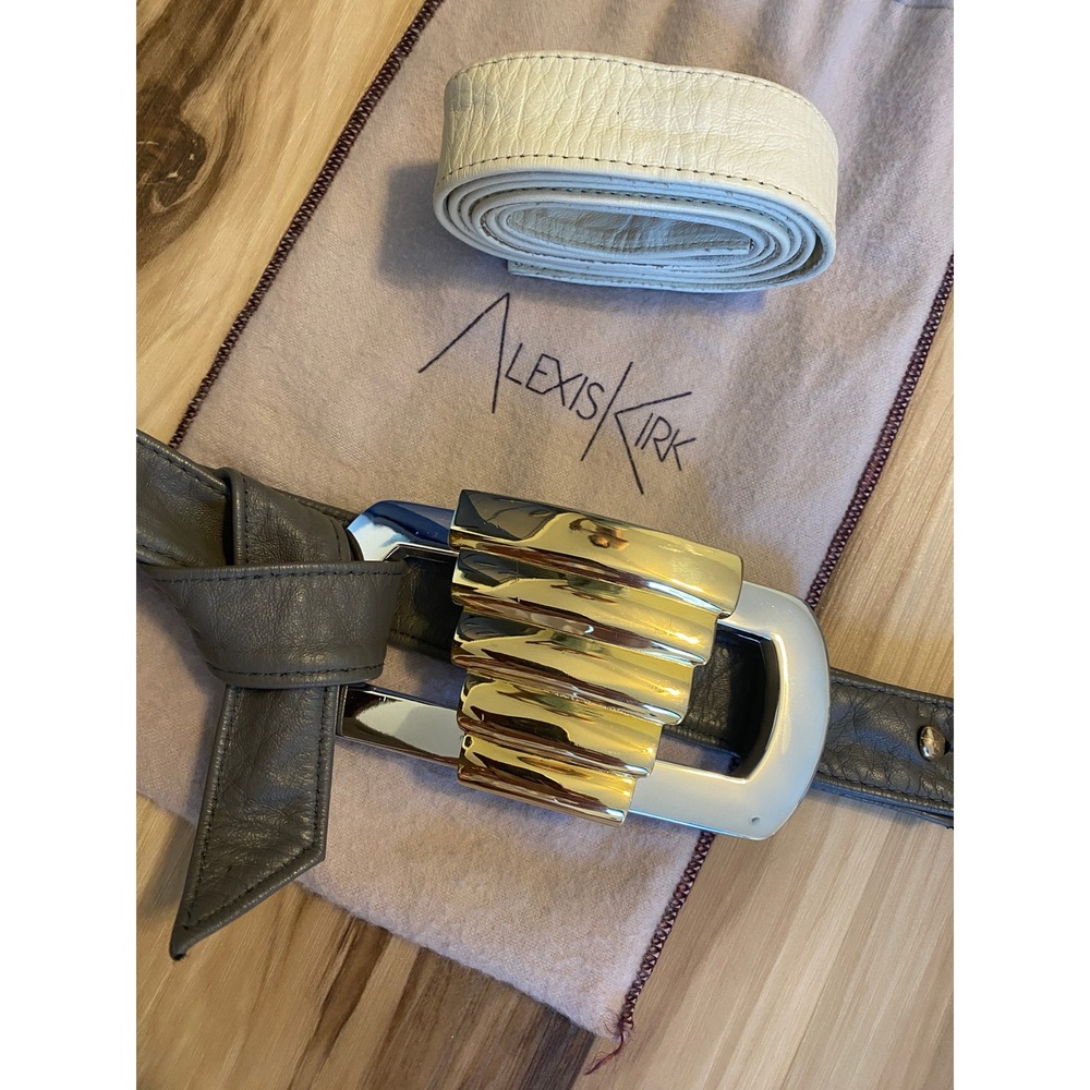 Alexis Kirk Vintage Interchangeable Leather Belt Set Grey White Buckle Signed